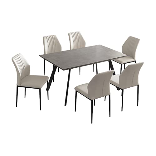 7 Piece Dining Table Set with 6 Chairs - 59 inch Kitchen Table, Metal Frame, Easy to Clean (4-6 Persons)