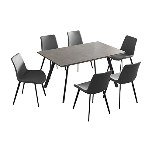 THE KUSTASH 7-Piece Modern Mid-Century Dining Set for 6: Solid Wood Table with Upholstered Grey Chairs, 59 inches