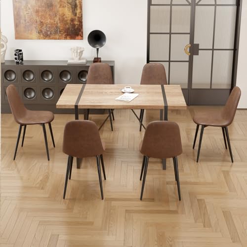 Modern 7-Piece Dining Set: 55" Rect Wood Table & Chairs for Kitchen/Dining Room