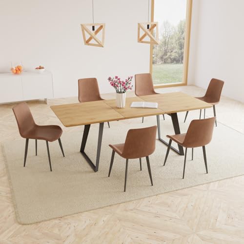 Mid-Century Modern Wooden Dining Table with 6 Leather Chairs