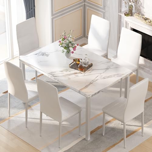 Recaceik 7-Piece Faux Marble Dining Set for Small Spaces