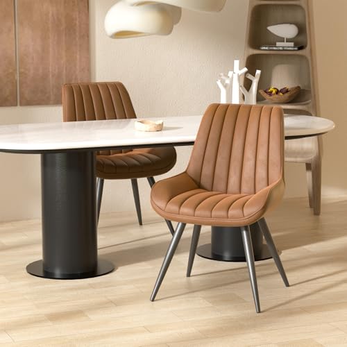 4 Comfortable Brown Upholstered Dining Chairs with Metal Legs