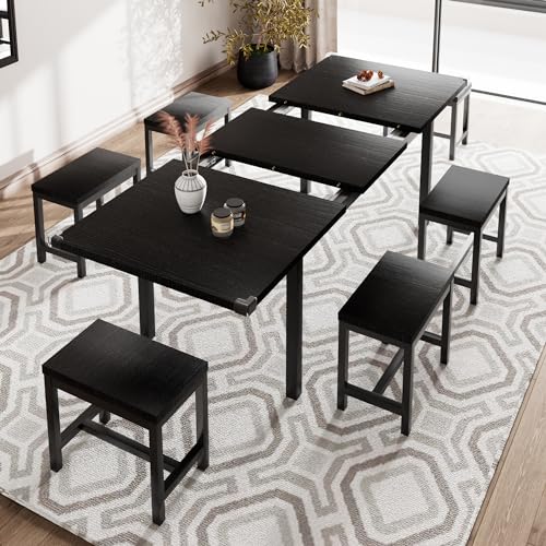 iPormis Extendable Black Dining Set for 4-8 with 6 Stools