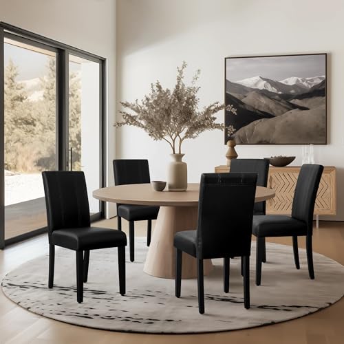CHUN YI Set of 6 Black Faux Leather High Back Dining Chairs