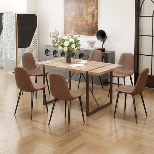 Modern 7-Piece Dining Set: 55" Rect Wood Table & Chairs for Kitchen/Dining Room