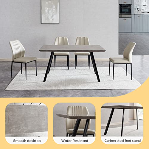 THE KUSTASH 7-Piece Mid-Century Dining Set for 6 - 59 Rectangular Solid Wood Table with 4 Upholstered Leather Chairs in Grey