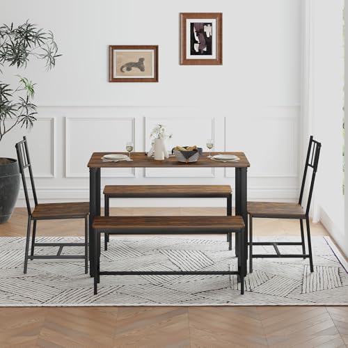 Brown & Black 5-Piece Dining Set with Benches & Chairs
