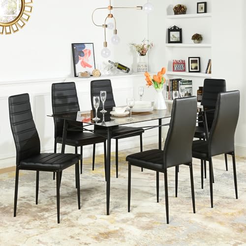 Ergonomic PU Leather Dining Chair Set, Black, Metal Frame