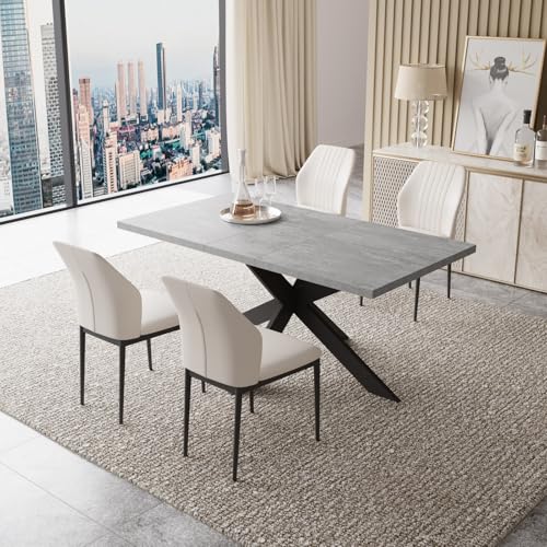 Modern Dining Set for 6-8 People with Extendable Table and Leather Chairs