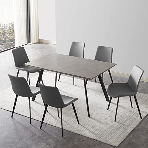 Modern Mid-Century Dining Table Set for 6 People, Solid Wood, Grey - 59 inches